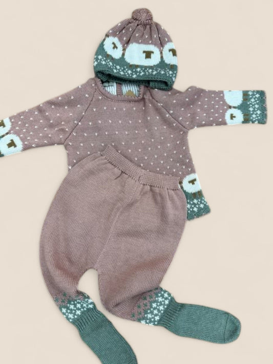 Conjunto tres piezas punto rosa con ovejitas y gorro a juego Lolittos