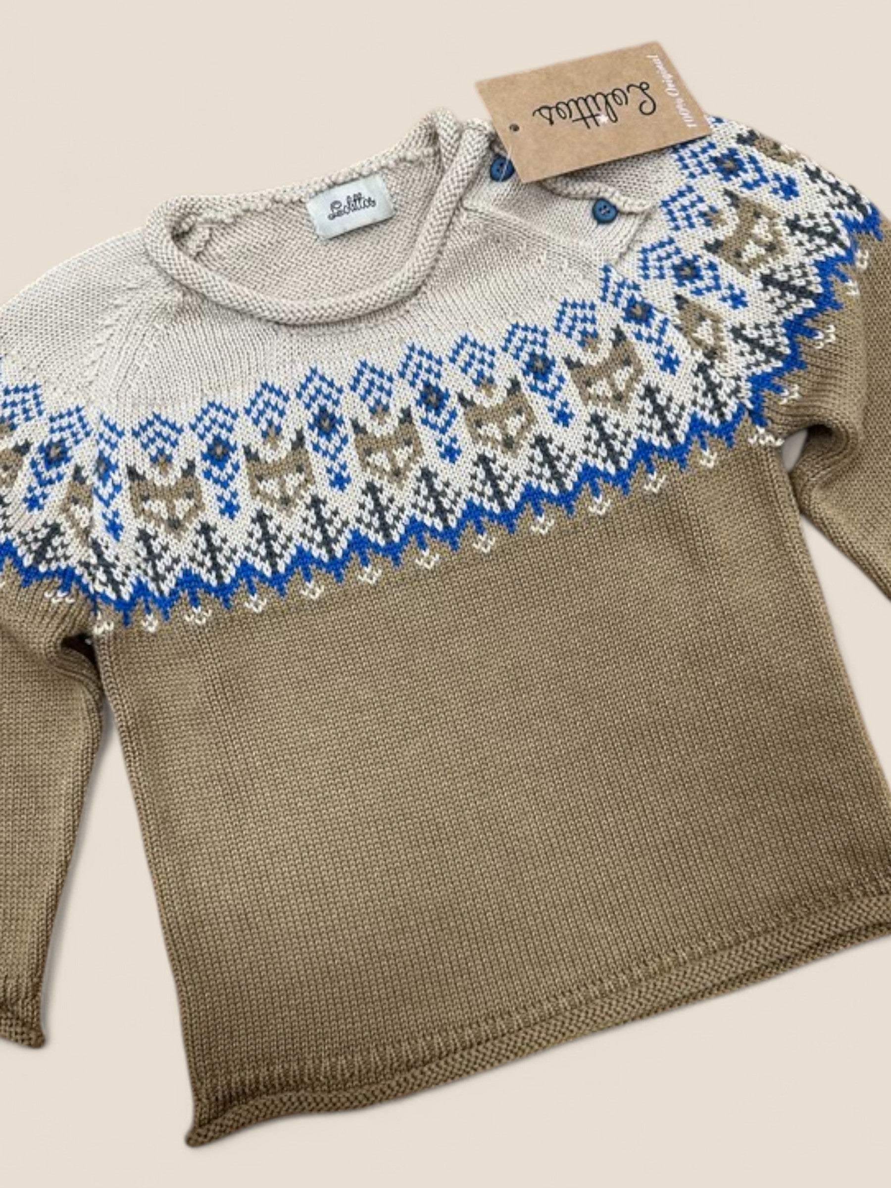 Jersey de punto nórdico beige y azul para bebé Lolittos