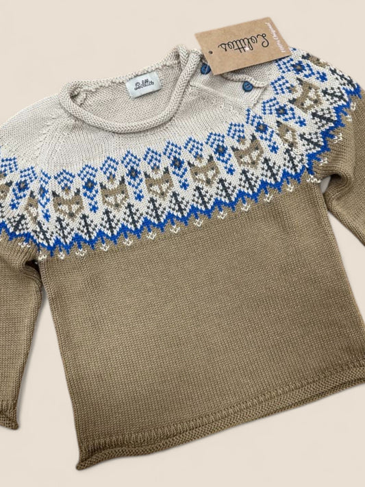 Jersey de punto nórdico beige y azul para bebé Lolittos