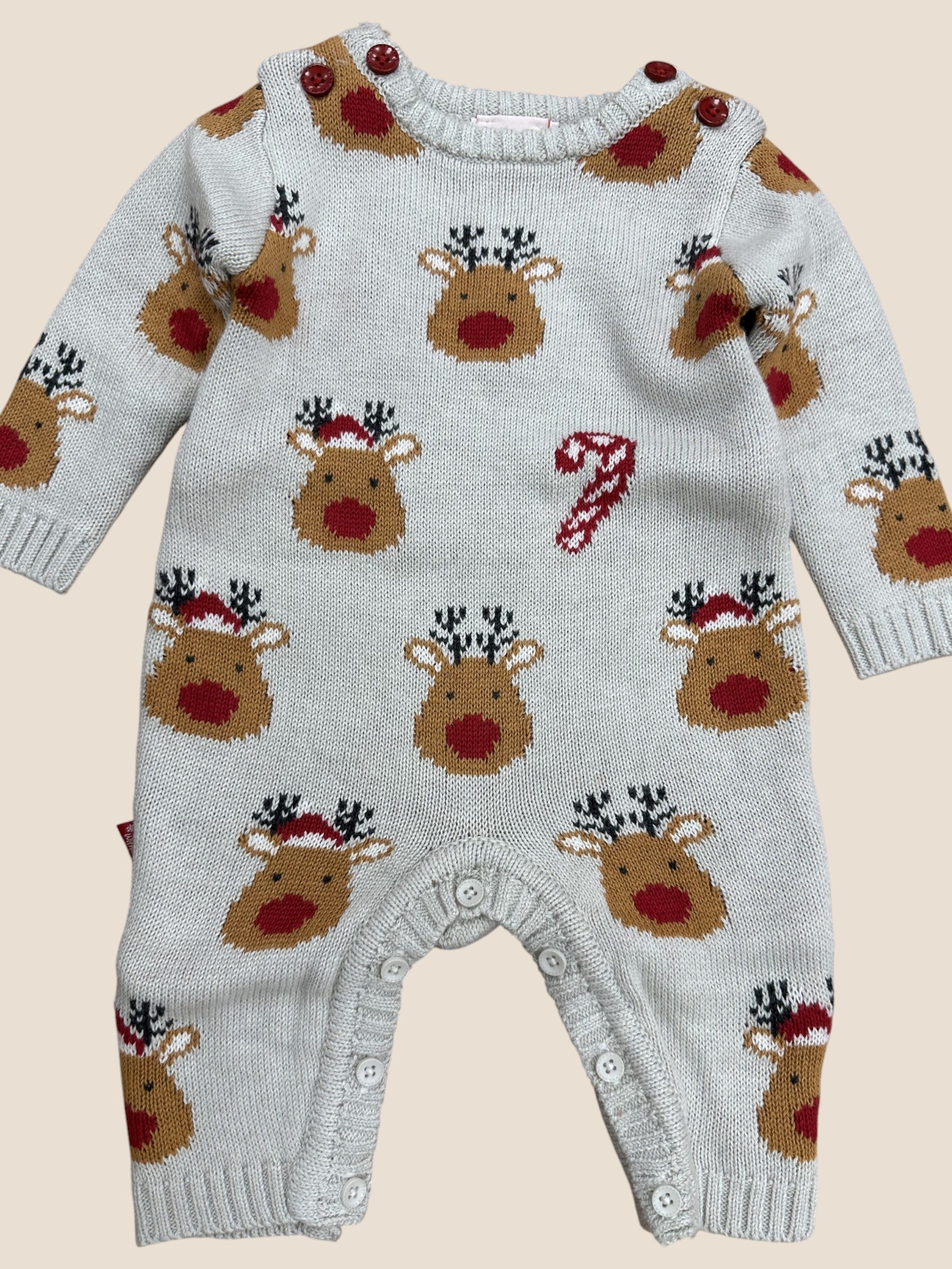 Pelele de punto gris con renos y bastones de caramelo BOBOLI