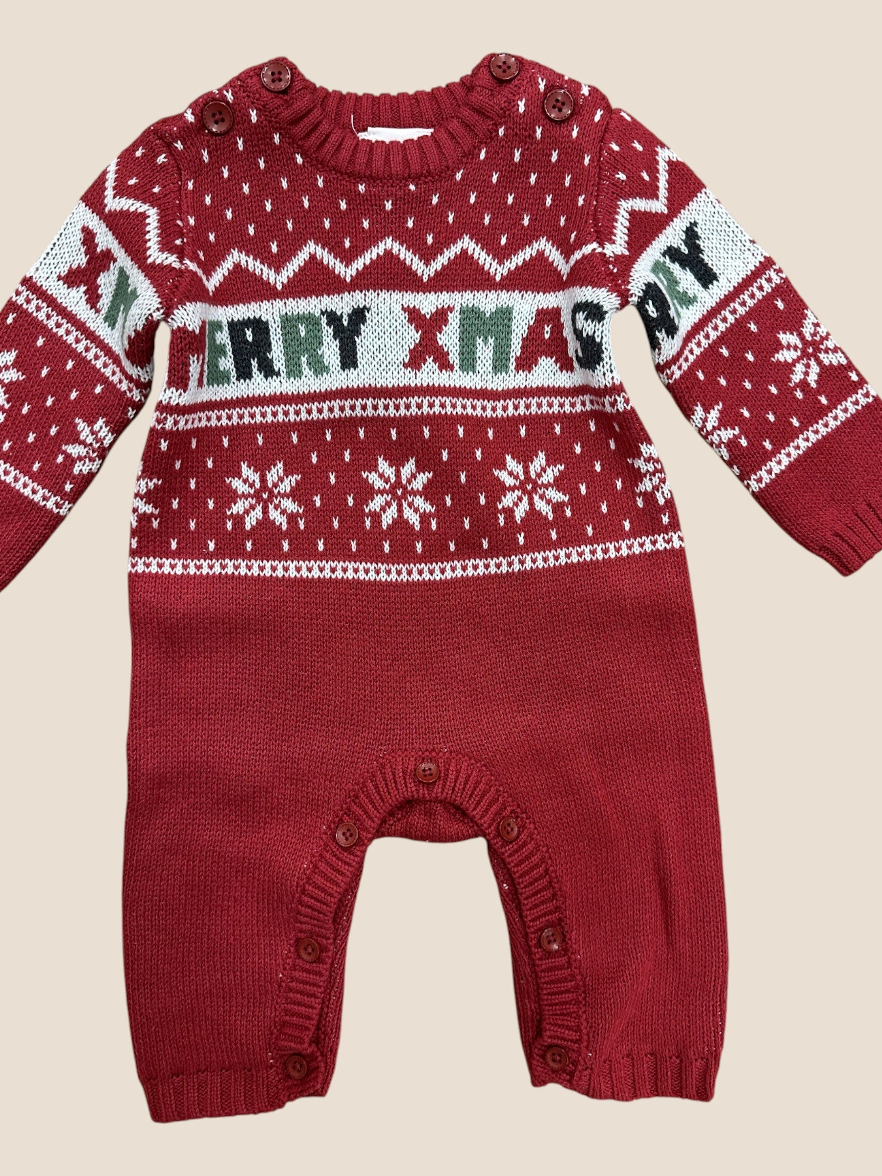 Pelele de punto rojo “Merry Xmas” con copos de nieve BOBOLI