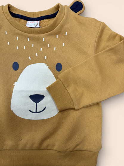 Sudadera infantil color mostaza con carita de oso y orejitas