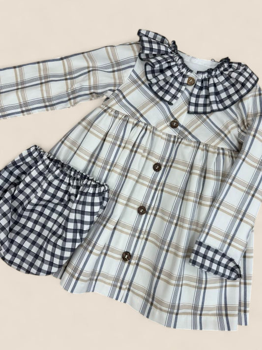 Vestido bebé cuadros beige con cuello volante vichy y braguita CUCÚ