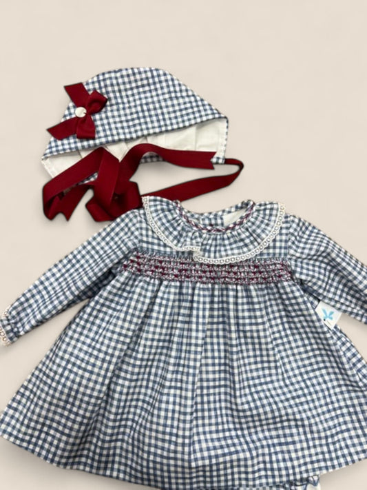 Vestido bebé cuadros vichy azul con capota Belén Costales