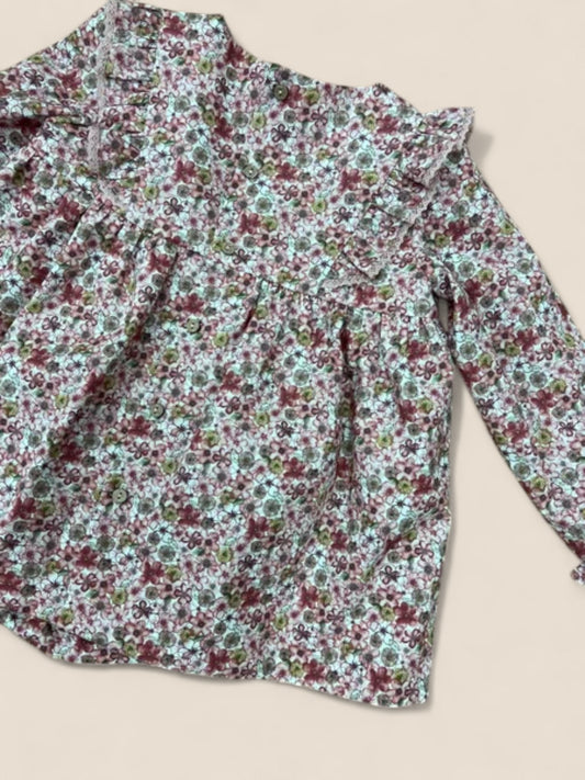 Vestido bebé flores burdeos con volante y lazo terciopelo Peques del Valle