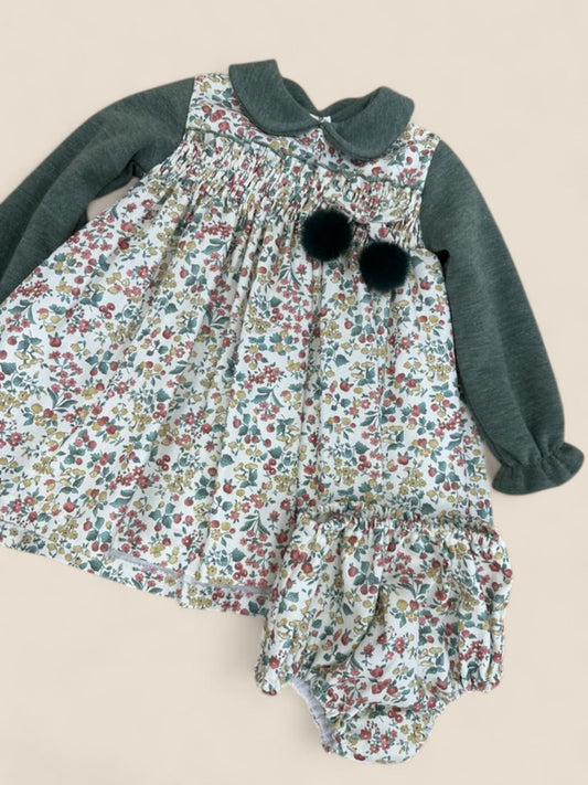 Vestido floral con jersey verde y braguita a juego CUCÚ