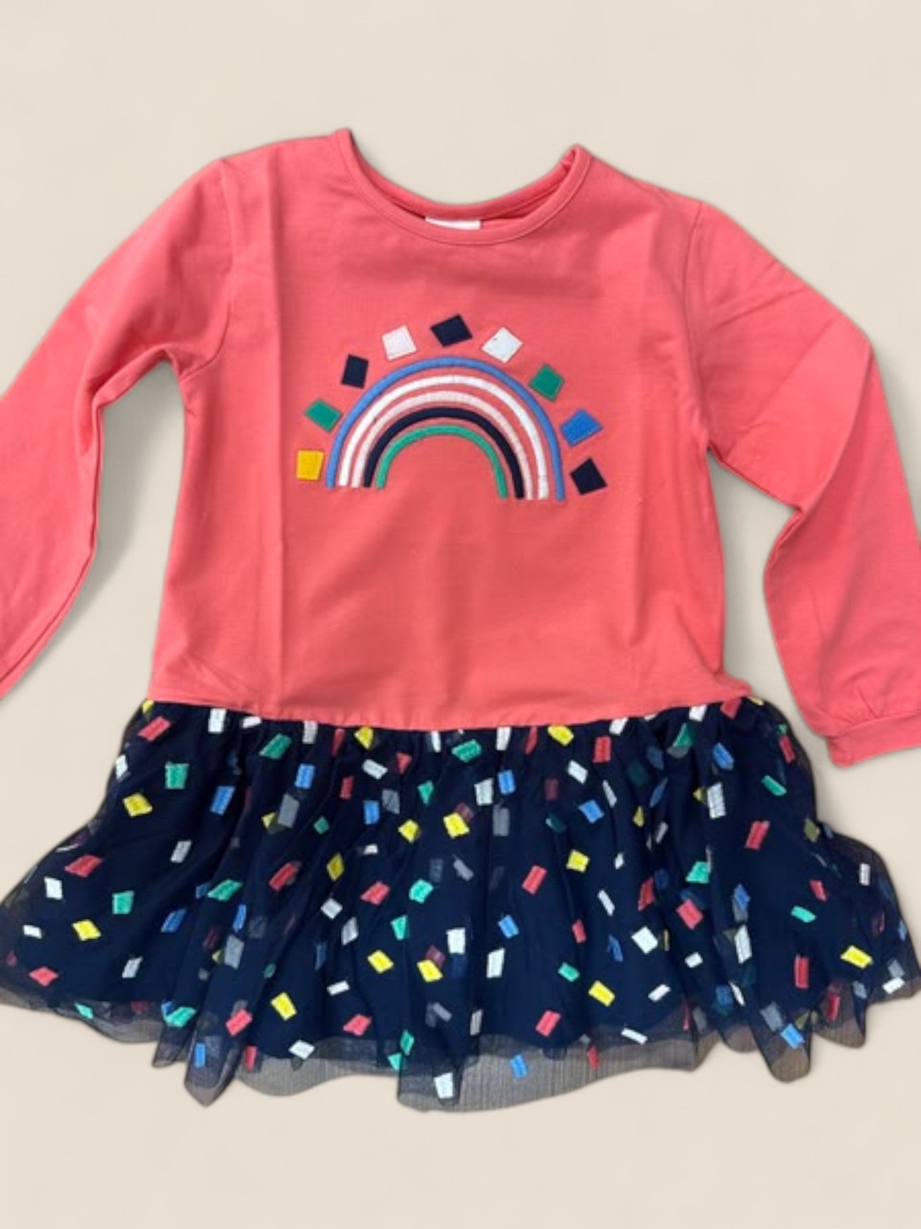 Vestido niña coral con arcoíris y falda de tul BOBOLI