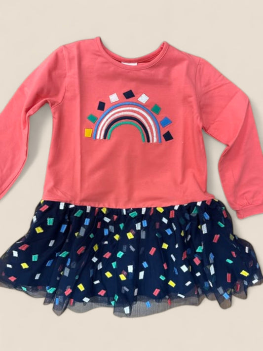 Vestido niña coral con arcoíris y falda de tul BOBOLI