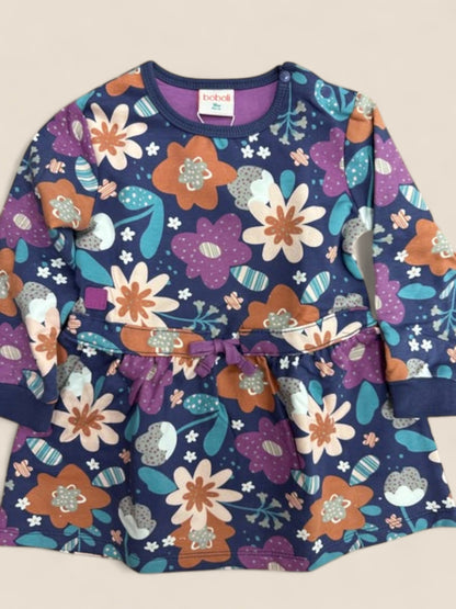 Vestido niña manga larga azul marino estampado floral BOBOLI