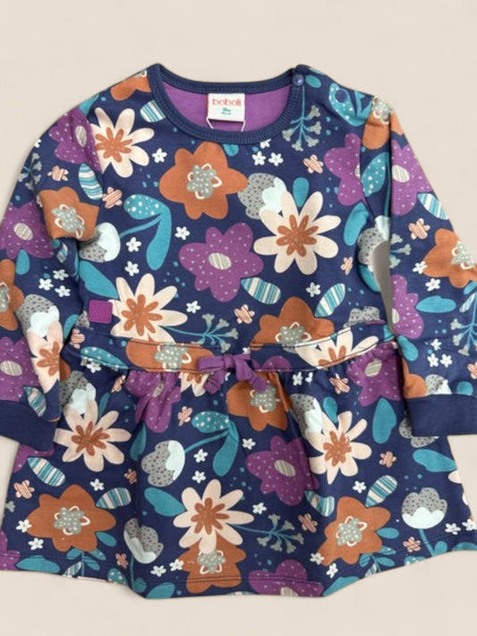 Vestido niña manga larga azul marino estampado floral BOBOLI