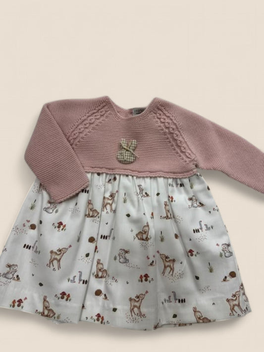 Vestido rosa con cuerpo de punto y falda animalitos del bosque.