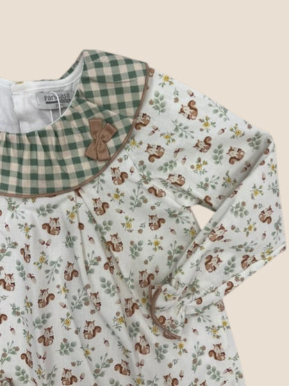 Vestido animalitos del bosque con cuello vichy y braguita Pangasa