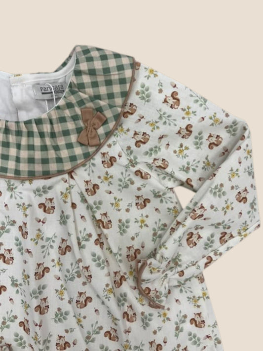 Vestido animalitos del bosque con cuello vichy y braguita Pangasa
