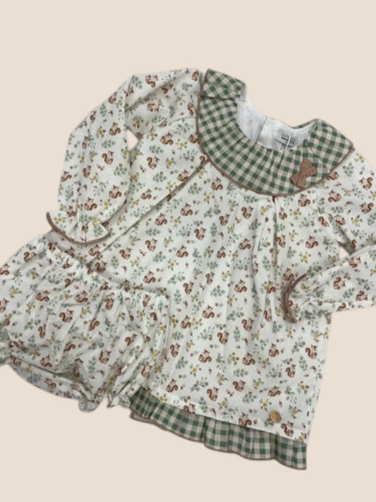 Vestido animalitos del bosque con cuello vichy y braguita Pangasa